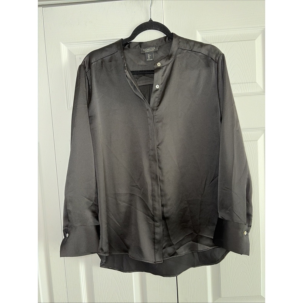 Rachel Zoe Black Satin Button Down Blouse Womens Size L Long Sleeve Band Collar
